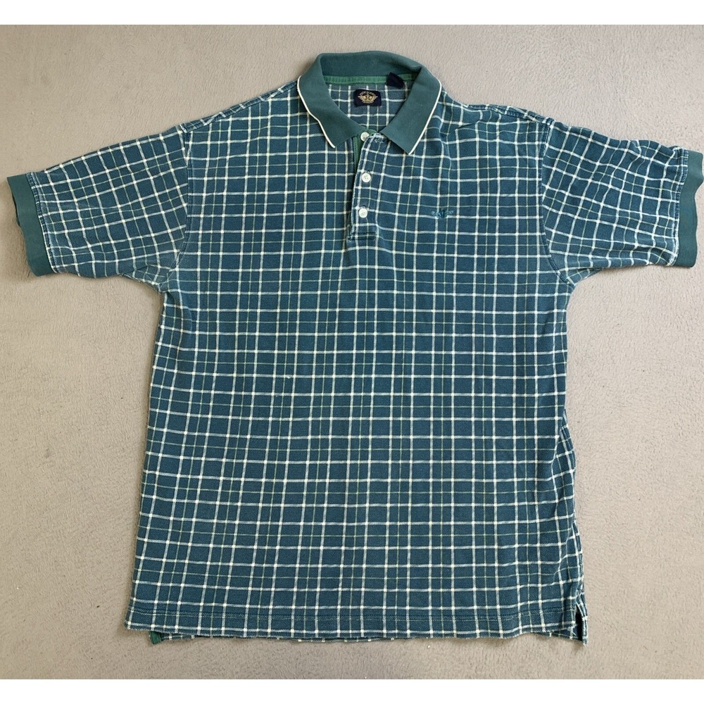 Dockers Polo Men's Size XL Vintage Short Sleeve Plaid Teal Three-Button Pullover